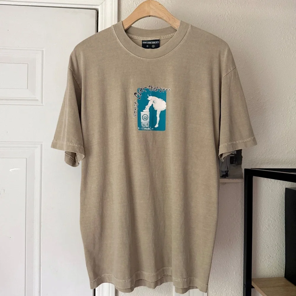 DON'T OVER THINK S*** Tan graphic knit cotton crew neck short sleeve tee t-shirt